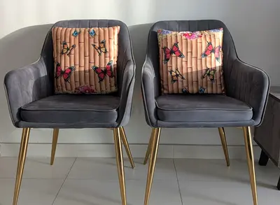 Grey velvet dining chairs with gold legs