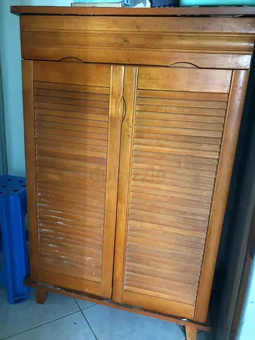 Solid Wood Wardrobe with Sliding Louvered Doors — Good Condition