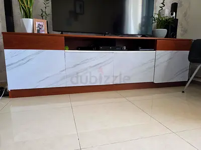 Wood and White Marble-Effect Wall Paper for show TV Unit / Entertainment Cabinet - Good Condition