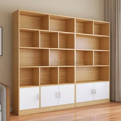 Large Oak Finish Bookcase / Display Shelf with Lower Cabinets (2-Piece)