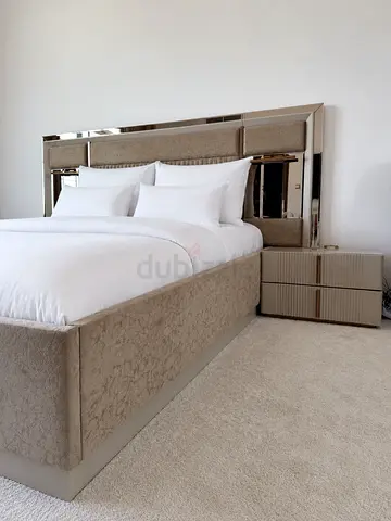 Double bed set with night tables, touch panel reading lights, mirrored wardrobes and drawer cabinets