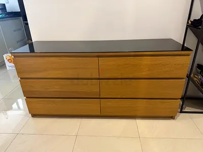 Solid Wood 6-Drawer Dresser with Dark Top glass - Good Condition