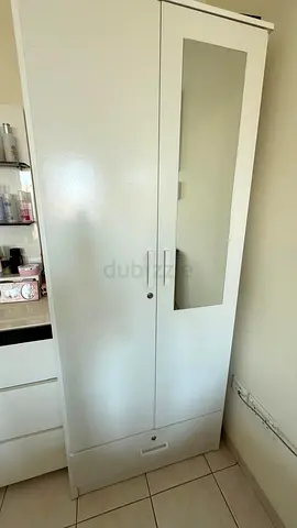 White 2-Door Wardrobe with Mirror and Bottom Drawer