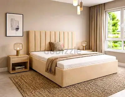 Beige Upholstered Double Bed with Headboard and Nightstands