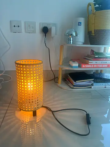 Rattan Table Lamp with Warm LED Light - Good Condition