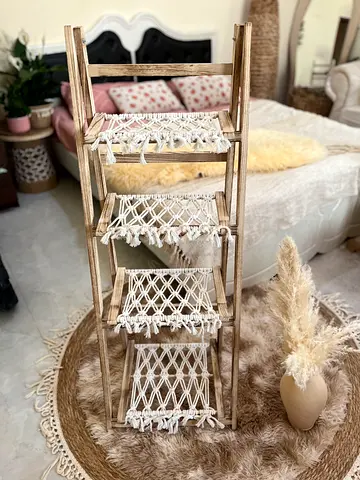 Wooden 4-Tier Macramé Shelf Ladder — Rustic Boho Display Stand