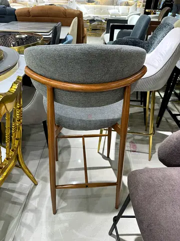 Bar Stool with Grey Upholstered Seat and metal wood style frame