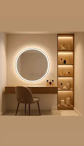 Wall-mounted Floating Vanity Desk with Backlit Round Mirror and Built-in Shelves