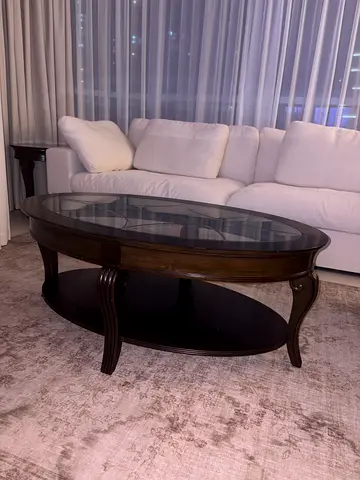 Solid Wood Oval Glass Top Coffee Table - Dark Walnut