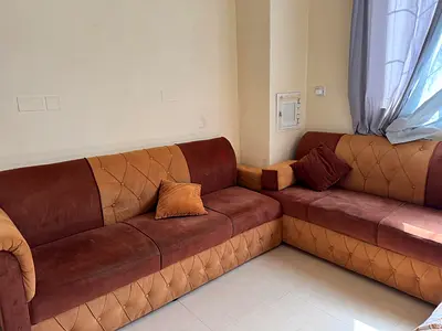 Used L-shaped brown fabric sofa set - comfortable 3+2 seater