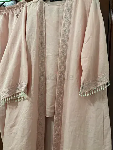 Elegant Pink Embroidered Abaya with Tassel Details