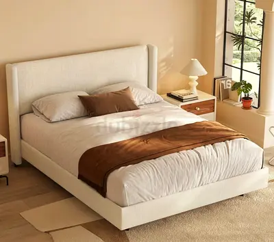 Queen Size Wooden Bed Frame with Upholstered Headboard - Beige