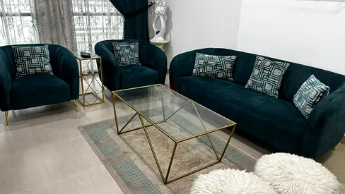 Teal Velvet 3-Seater Sofa with Two Armchairs and Glass Coffee Table - Good Condition