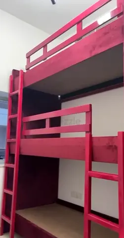 Solid Wood triple Bunk Bed - Double Ladder, burgundy Finish