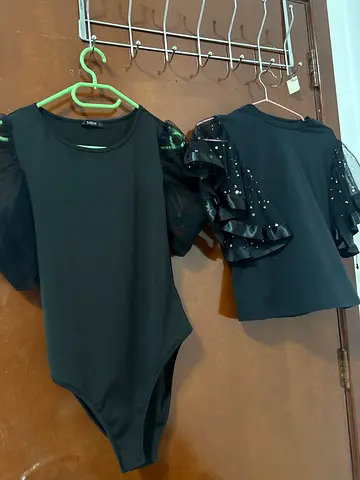 Black SHEIN Bodysuit and Ruffle Sleeve Top Set