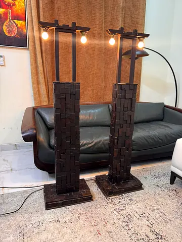Pair of Modern Rustic Floor Lamps with Wooden Block Base