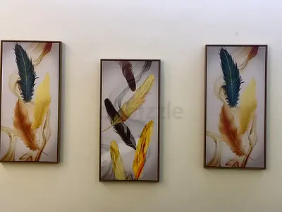 Set of 3 Framed Feather Wall Art Prints - Beige/Gold Tones