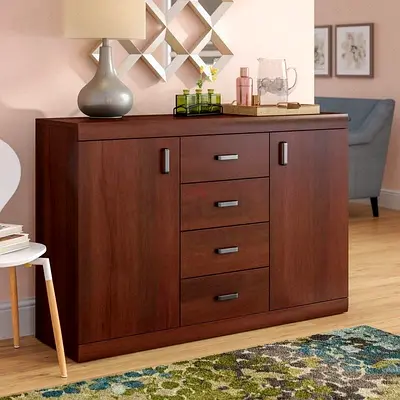 Dark Wood Sideboard Cabinet with Four Drawers and Double Doors