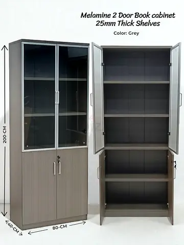 Melamine 2-Door Book Shelf with Storage – Modern Grey Wooden Book Cabinet for Home  Office Use