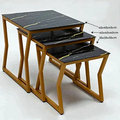 Set of 3 Nesting Side Tables with Black Marble Top and Gold Frame