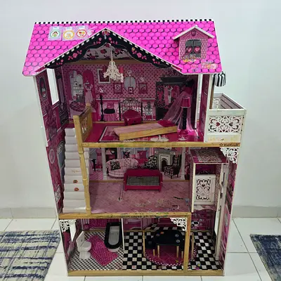 Large Pink Wooden Dollhouse with Multiple Rooms and Furniture