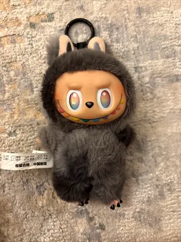 Plush Monster Keychain with Vinyl Face — Cute Grey Fuzzy Character-SECRET LABUBU