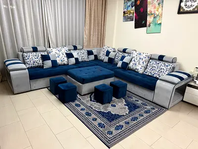 Large L-shaped Blue  Grey Fabric Corner Sofa with Cushions