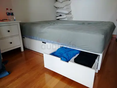 IKEA Storage Bed Frame with Drawers - White, Double/Queen Size with very good condition mattress
