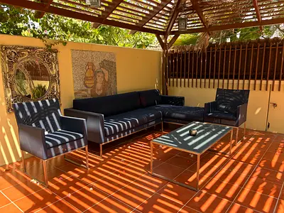 Crate and Barrel Modern Outdoor Corner Sofa Set with Armchairs and Coffee Table