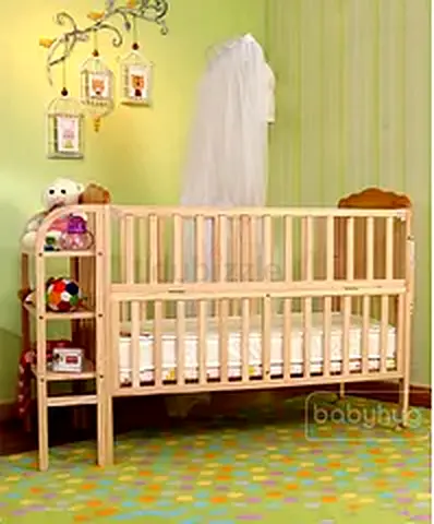 Baby crib (babyhug brand) with side cushioning+mattress+Bed Sheet+storage shelves