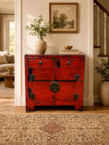 Authentic Red Lacquered Chinese Cabinet – Vintage 20th Century Oriental Storage Piece
