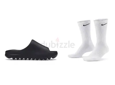 Black slides with White Nike Crew Socks - Size 40