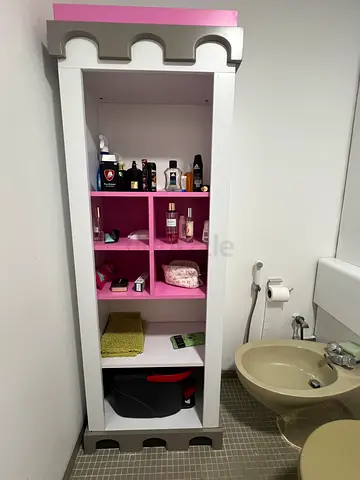 White and Pink Tall Bathroom Storage Shelf Cabinet