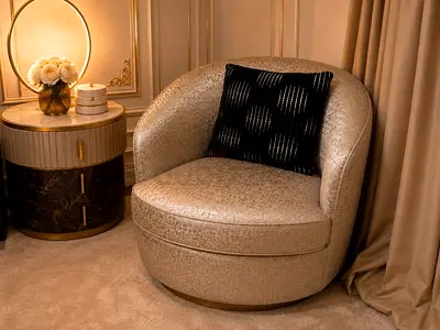 Comfortable Modern Curved Accent Chair in Champagne Fabric
