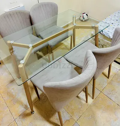 Pan Home Glass Top Dining Table with 4 Upholstered Chairs - Light Wood Finish