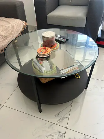 Round Glass Top Coffee Table with Lower Shelf (Black Frame)