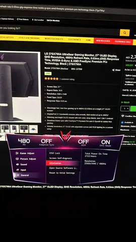 LG 27GX790A UltraGear Gaming Monitor, 27 OLED Display, QHD Resolution, 480Hz Refresh Rate, 0.03ms