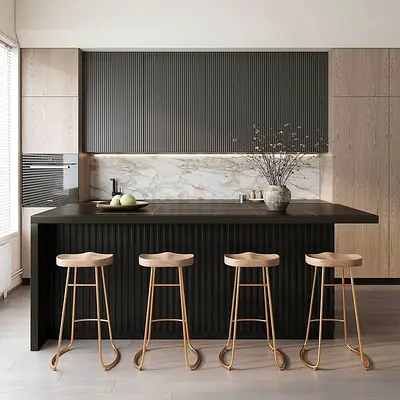 Modern kitchen island with 4 wooden bar stools - black finish