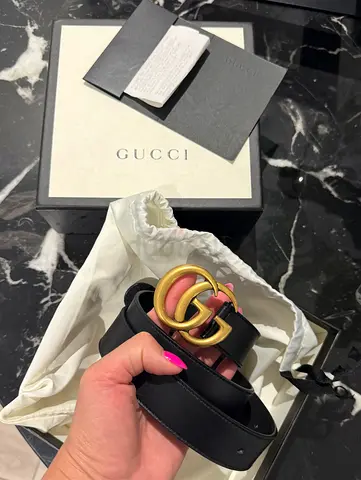 Authentic Gucci Marmont Black Leather Belt with Gold Double G Buckle - 85/34 (Womens)