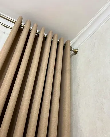 Beige blackout curtains with metal curtain rod - pair