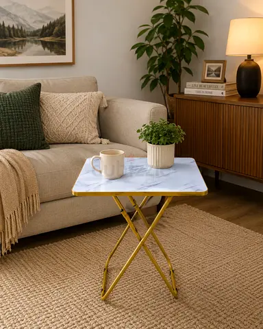 Foldable Marble-Top Side Table (Portable, Lightweight)