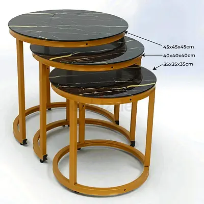 Set of 3 Nesting Side Tables with Black Marble Tops and Gold Frames