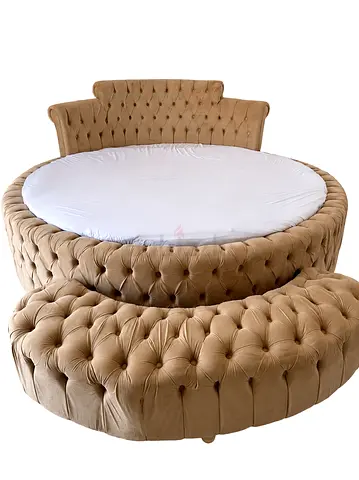 Super King Size Luxury Round Tufted Beige Bed with Matching Bench