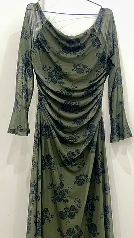 Elegant Olive Green Floral Mesh Maxi Dress - Off-Shoulder