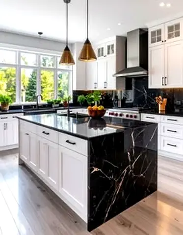 New Kitchen Island with Black Marble Countertop