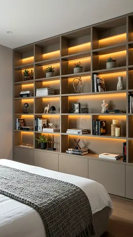 Built-in Wall Bookcase with Integrated LED Lighting - Modern Bedroom Unit