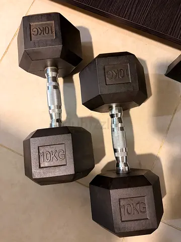 Pair of 10kg Hex Rubber-Coated Dumbbells — Good Condition