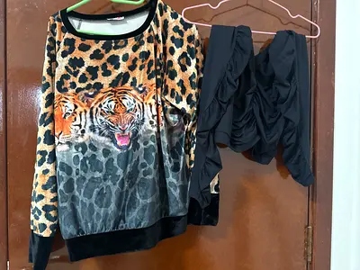 Tiger and Leopard Print Long Sleeve Top and Black Skirt Set