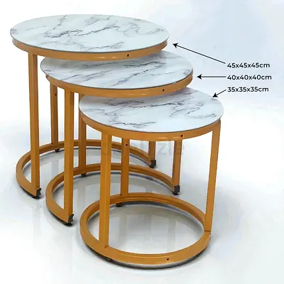 Set of 3 Round Nesting Side Tables with Marble Top and Gold Frame