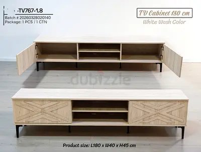 180 cm White Wash TV Cabinet with Storage Doors